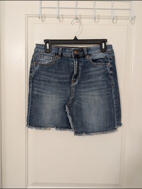 Y2K Indigo Rein Blue Distressed Uneven Hem Denim Mini Skirt Size 7